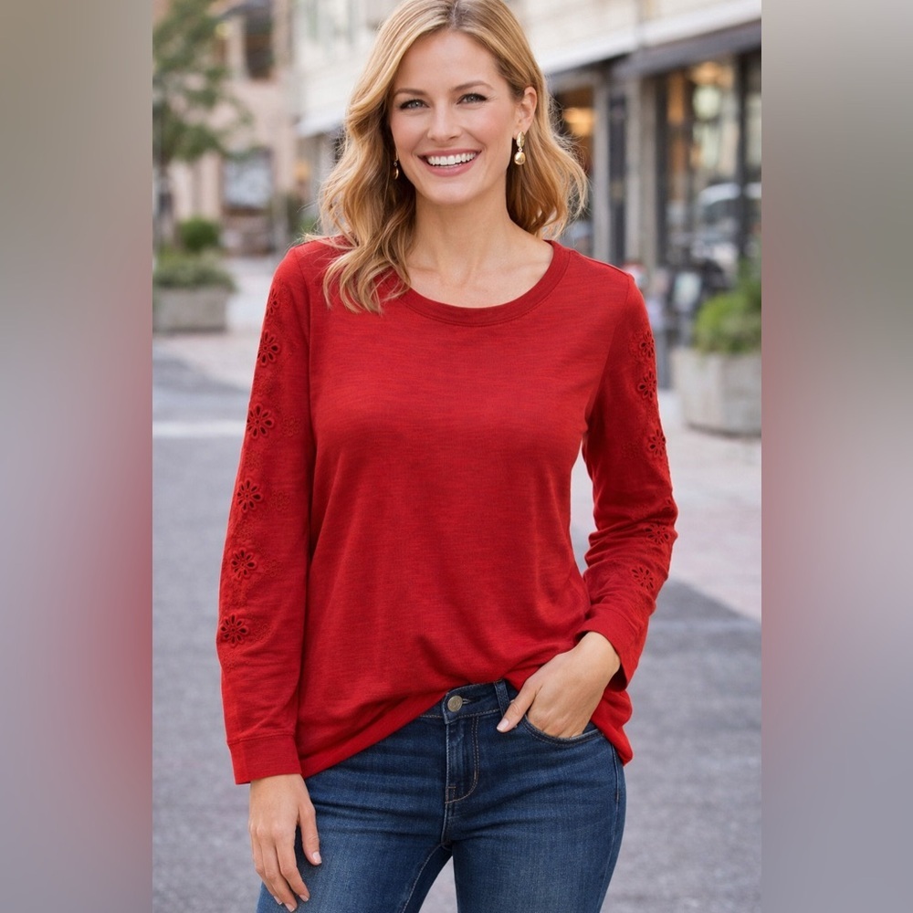 Talbots Red Long Sleeve Eyelet Top